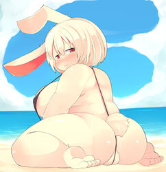 ass beach big_ass big_breasts blonde_hair breasts chubby color embarrassed female hair lagomorph mcdonnell-douglas nipples overweight plump_labia pussy rabbit red_eyes seaside skimpy sky sling_bikini water