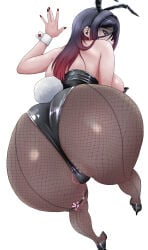 1girl 2026 absurdres alternate_costume animal_ear_hairband animal_ears areola_slip ass ass_focus black_hair black_leotard breasts brown_pantyhose chronoval e.h._(nikke) english_text fake_animal_ears fake_tail fishnet_pantyhose fishnets goddess_of_victory:_nikke gradient_hair hairband highres large_breasts leotard looking_at_viewer looking_back multicolored_hair nail_polish pantyhose playboy_bunny purple_eyes rabbit_ear_hairband rabbit_ears rabbit_tail sex_toy solo strapless strapless_leotard tail vibrator vibrator_cord white_wrist_cuffs wrist_cuffs