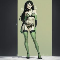 abs ai_generated black_hair bra breasts choker collarbone elbow_gloves female full_body garter_belt garter_straps gloves green_bra green_eyes green_gloves green_legwear green_panties green_theme kim_possible lingerie lipstick long_hair makeup navel nipples panties piercing shego solo standing thighhighs tongue_out underwear