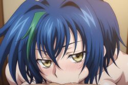 1boy 1girl :>= ai ai_art ai_generated blue_hair blush breasts cheek_bulge close-up collarbone completely_nude deepthroat fellatio green_hair hair_between_eyes hetero high_school_dxd looking_at_viewer multicolored_hair nude oral pov saliva short_hair solo_focus streaked_hair two-tone_hair xenovia_quarta yellow_eyes