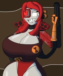 big_breasts big_thighs female hi_res high_resolution highres machine_gun robot robot_girl senthia sentry_(team_fortress_2) sharp_teeth