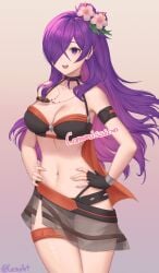 1girls absurdres bikini black_bikini capelet cleavage commission fingerless_gloves fire_emblem fire_emblem:_three_houses fire_emblem_heroes fire_emblem_warriors:_three_hopes gloves hands_on_own_hips highres large_breasts lesu navel nintendo official_alternate_costume open_mouth orange_capelet purple_eyes purple_hair see-through_clothes see-through_skirt shez_(female)_(fire_emblem) shez_(female)_(summer)_(fire_emblem) shez_(fire_emblem) skirt smile solo swimsuit thigh_strap