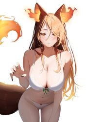 absurdres animal_ears bare_arms bare_hips bare_legs bare_shoulders black_nails blush bow bow_panties bra breasts brown_eyes brown_hair claw_pose cleavage collarbone cowboy_shot curvy female fiery_ears fiery_tail fingernails groin hair_over_one_eye hair_over_shoulder hellhound highres indie_virtual_youtuber lace-trimmed_bra lace_trim large_breasts layunaart leaning_forward lingerie long_hair nail_polish navel panties parted_lips sinder_(vtuber) solo swept_bangs tail thigh_gap twitch twitter underwear virtual_youtuber vtuber white_background white_bra white_panties wolf wolf_ears wolf_girl wolf_tail youtube youtuber