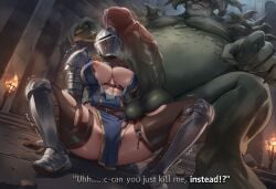 1boy 1girls abs ai_generated armored_female asylum_demon breasts broken_armor chosen_undead covered_face dark_souls defeated demon_boy dialogue english_text evil_grin female female/male female_knight gigantic_penis gigantic_testicles helmet imminent_rape interspecies knees_up large_breasts looking_up male monster monster_boy muscular_female nervous_sweat nipples penis penis_on_head pleading precum precum_drip precum_on_head red_eyes scared sharp_teeth sitting size_difference spread_legs talking_to_another text thick_thighs torn_clothes trembling wide_hips worried