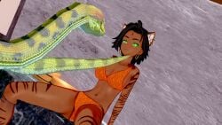 bikini bikini_bottom bikini_top chin_lift dark_skin hypnosis kaa kaa_eyes koikatsu mind_control perfect_idiot rwby sienna_khan snake the_jungle_book tiger_ears tiger_girl tiger_print_bikini tiger_stripes water