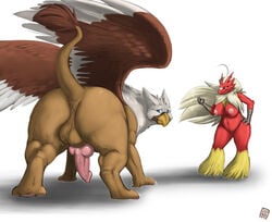 anthro anus ass avian balls beak big_breasts blaziken blue_eyes breasts brown chest_tuft claws erection feathers female gillpanda gryphon hair knot long_hair looking_back male nipples nude penis plain_background pokemon pokemon_(species) pokemorph presenting presenting_hindquarters raised_tail red scared smile standing thighs tuft white_background white_fur white_hair wide_hips wings yellow