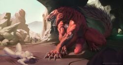 athletic breasts capcom cave claws dragon erection fanged_wyvern female genitals hi_res male monster_hunter mythological_creature mythological_scalie mythology odogaron penis penis_touching_floor red_body reddyrennard scalie size_difference tail teeth teeth_showing