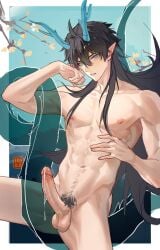 abs cum_drip dan_heng dan_heng_(imbibitor_lunae) fffff0_0 gay happy_trail honkai:_star_rail long_penis looking_at_viewer nipples penis veiny_penis