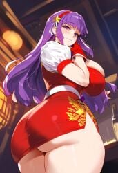 1girls ai_generated ass ass_focus athena_asamiya big_ass big_breasts breasts clothed cute dat_ass dress female female_focus from_behind huge_ass huge_breasts juicy_butt king_of_fighters large_breasts looking_at_viewer looking_back pale-skinned_female pale_skin purple_eyes purple_hair skirt smile smiling smiling_at_viewer snk thick thick_ass thick_thighs thighs