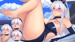 1boy 1girls areola azur_lane barefoot bitter_(bittertt4) blue_sky blush breasts cap car eagle_union_(azur_lane) enterprise_(azur_lane) enterprise_(wind_catcher)_(azur_lane) eyebrows_visible_through_hair feet fingerless_glove glove huge_breasts light-skinned_female light-skinned_male light_skin nipples nose_blush outdoors penis purple_eyes race_queen sky white_hair