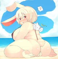 ? ass beach big_ass big_breasts blonde_hair breasts chubby color disembodied_hand female hair lagomorph mcdonnell-douglas nipples overweight plump_labia pussy rabbit red_eyes seaside skimpy sky sling_bikini surprised water