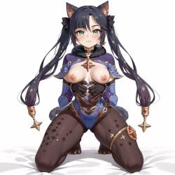 ai_generated aqua_eyes bangs bed_sheet black_hair blush breasts cameltoe choker detached_sleeves earrings female fur_collar genshin_impact gloves highleg_leotard jewelry leotard long_hair long_sleeves looking_at_viewer medium_breasts mona_(genshin_impact) nipples on_bed ribbon solo star_(symbol) star_choker star_earrings star_hair_ornament star_print thigh_strap thighlet thighs tied_hair twintails