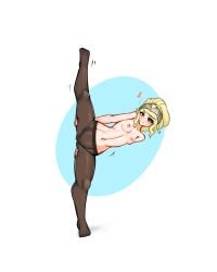 ass blonde_hair breasts breasts_out clair_(fire_emblem) crotch female fire_emblem fire_emblem_echoes:_shadows_of_valentia helmet i_pose leggings_only lifting_leg mostly_nude parasitictongue ponytail smile solo