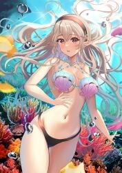 1girls absurd_res arerex big_breasts black_hairband black_panties blush breasts bubble commentary coral corrin_(fire_emblem) corrin_(fire_emblem)_(female) corrin_(summer)_(fire_emblem)_(female) english_commentary fire_emblem fire_emblem_cipher fire_emblem_fates grey_hair hair_between_eyes hairband high_res long_hair looking_at_viewer navel nintendo official_alternate_costume open_mouth panties pointy_ears shell shell_bikini smile underwater underwear