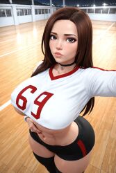 1girls 3d 3d_(artwork) abs ai_generated athletic athletic_female basketball_uniform big_ass big_breasts booty_shorts breasts brown_hair busty female jennah(oc) jersey long_hair muscular muscular_female solo solo_female solo_focus sportswear thick_thighs