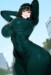 1girls ai_generated assertive_female creamy_ai curvy curvy_female curvy_figure dominant_female female green_hair light-skinned_female light_skin off_model oversized_breasts short_hair