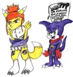 aged_up angry animal_genitalia annoyed anthro arm_warmers armwear balls bandai_namco canid canine claws clothing covering covering_self crossed_arms digimon digimon_(species) digimon_tamers dipstick_tail duo english_text erection fangs female fox fur genitals imp implied_transformation impmon kanada kerchief male mammal mane markings open_mouth orange_hair penis purple_body purple_fur pussy renamon renamon_rika rika_nonaka rikamon sharp_teeth sheath simple_background smiley_face tail tail_markings teeth text white_background white_body white_fur yellow_body yellow_fur yin_yang