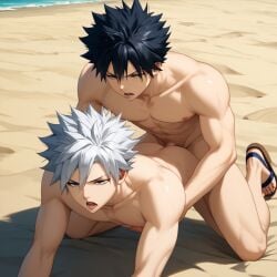 2boys abs ai_generated ass black_hair closed_eyes crying cum_inside distressed doggy_style dominant_male domination fairy_tail gay gay_sex gray_fullbuster humiliation lyon_vastia male male_only mouth_open multiple_boys muscular muscular_male outdoor_nudity penis rammed rape sandals sex_from_behind slave spiky_hair submissive_mail white_hair yaoi