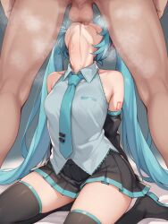 aqua_hair aqua_necktie arms_behind_back bare_shoulders black_skirt black_sleeves breasts commentary_request cum cum_in_mouth curvy deepthroat detached_sleeves fellatio female from_above grey_shirt hatsune_miku highres knees large_penis long_hair looking_up miniskirt necktie nullhachinpo number_tattoo oral penis pleated_skirt seiza shirt sitting skindentation skirt sleeveless sleeveless_shirt sword_swallowing_position tattoo testicles textless_version thick_thighs thighhighs thighs throat_bulge twintails very_long_hair vocaloid