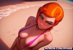 ai_generated ben_10 big_ass bikini blush breasts gwen_tennyson gwen_tennyson_(classic) orange_hair pose pov ryuuziken01 saliva short_hair sling_bikini sweat