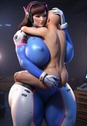 ai_generated bald bodysuit breasts brown_eyes carrying_partner clothed_female_nude_male curvy d.va hips hug huge_breasts lips long_hair_female male/female naked overwatch paizuri skin_tight standing sweat thick_thighs wet wide_hips