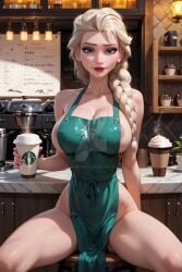 ai_generated barista big_breasts blonde_hair blue_eyes braid coffee coffee_shop curvy disney disney_princess elsa_(frozen) frozen_(film) frozen_2 long_hair mature mature_female milf naughtygirlsai spread_legs