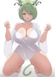 animal_ears antlers ass barefoot breasts cat_ears cat_tail ceres_fauna cleavage collarbone crossed_bangs feet green_hair hair_between_eyes highres hololive hololive_english hololive_english_-council- hololive_english_-promise- horns kneeling large_breasts leaf mole mole_under_eye open_mouth shirt short_hair simple_background tail thighs toes virtual_youtuber white_background white_shirt wide_sleeves zeropen