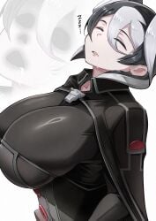 big_breasts black_and_white_hair cape cleavage closed_eyes drooling female female_only fully_clothed hair_between_eyes head_back huge_breasts made_in_abyss ozen pale-skinned_female pale_skin short_hair sleeping solo two_tone_hair upper_body