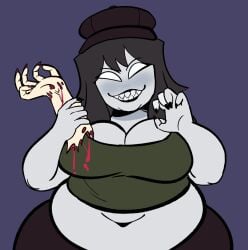 big_breasts black_hair black_lipstick black_nails blood cannibalism chubby creepette_holloway hat implied_cannibalism navel severed_arm sharp_teeth solo_female white_eyes white_skin wide_hips