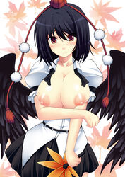 1girls artist_request black_hair black_wings blush breasts breasts_out fan feathers female frown hat kuronezumi large_breasts nipples red_eyes shameimaru_aya short_hair skirt solo tokin_hat touhou wings