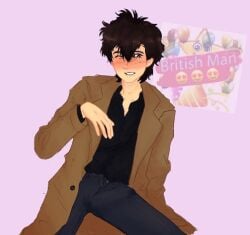 1boy biting_lip blush brown_hair bulge coat cum_stain echo_and_the_bunnymen ian_mcculloch jeans male no_visible_genitalia pale-skinned_male pale_skin pink_background solo_male