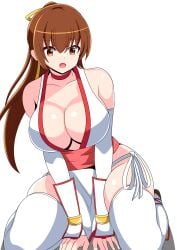 arm_guards breasts brown_eyes brown_hair cleavage curvaceous dead_or_alive female gloves huge_breasts japanese_clothes kasumi_(doa) koei_tecmo large_breasts long_hair no_bra no_panties no_underwear ponytail revealing_clothes solo tagme tecmo thighhighs wariza