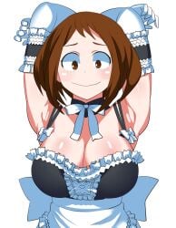 1girls arms_behind_head arms_up boku_no_hero_academia brown_eyes brown_hair chelsea_cola elbow_gloves embarrassed female female_only frills maid maid_uniform mcdolkun my_hero_academia ribbons short_hair smile uraraka_ochako