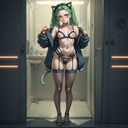 ai_generated animal_ears bangs black_legwear black_panties blush bra breasts butt_plug cat_ears cat_girl cat_tail choker closed_mouth collarbone crotchless crotchless_panties cupless_bra cyberpunk_2077 door earrings fake_animal_ears fake_tail female female_pubic_hair full_body green_eyes green_hair hairband jacket jewelry locker long_hair long_sleeves looking_at_viewer navel nipples off_shoulder open_clothes open_door open_jacket panties pubic_hair) small_breasts solo standing tail tattoo thighhighs twintails underwear