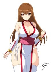 arm_guards breasts brown_eyes brown_hair cleavage curvaceous dead_or_alive female gloves japanese_clothes kasumi_(doa) koei_tecmo large_breasts long_hair no_bra no_panties no_underwear revealing_clothes solo tagme tecmo thighhighs