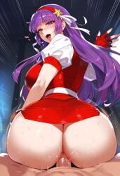 1boy 1girls ai_generated ass ass_focus athena_asamiya big_breasts breasts female female_focus huge_ass huge_breasts large_breasts looking_at_viewer looking_pleasured purple_eyes purple_hair sex smile smiling smiling_at_viewer thick_thighs thighs vaginal_sex