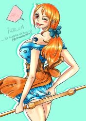 big_ass big_breasts female female_only huge_breasts huge_thighs kimono long_hair nami nami_(one_piece) onami one_piece orange_eyes orange_hair ponytail red_eyes ribbon samanta95 smile solo thighs wano_country weapon