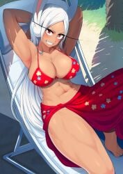 1girls abs absurdres animal_ears arms_behind_head beach_chair boku_no_hero_academia breasts dark-skinned_female dark_skin female floral_print_bikini harurukan highres large_breasts long_eyelashes long_hair miruko muscular muscular_female my_hero_academia navel rabbit_ears rabbit_girl red_eyes red_sarong rumi_usagiyama sarong smile thighs white_hair