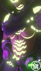 3d big_breasts breasts dark-skinned_female dark_skin female glowing_markings latina middlemansfm nipples overwatch shirt_lift solo sombra tattoo