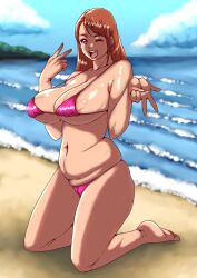 beach big_breasts bikini cure_butterfly hijiri_ageha hirogaru_sky!_precure peace_sign plump precure pretty_cure sacaprico vein veins veiny_breasts wink