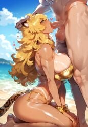 1boy 1girls ai_generated animal_ears animal_tail armlet ass bangs bare_shoulders barefoot beach bikini bikini_tan blonde_hair blue_eyes blue_sky blush bracelet breasts cleavage clothing cloud completely_nude curvaceous curvaceous_female curvaceous_figure curvy curvy_figure dark-skinned_female dark_skin day erection feet fellatio female female_focus genshin_impact green_eyes heart huge_breasts jewelry kneeling large_breasts large_penis leopard_ears leopard_print leopard_tail long_hair looking_at_viewer male miyuai muscle nail_polish navel nipples nude ocean open_mouth oral outdoors penis saliva sand sex shiny_skin sitting sky solo_focus straight sweat swimsuit tail tan_body tan_skin tanlines tanned tanned_female tanned_girl tanned_skin testicles thick_thighs thighs tongue tongue_out veins veiny_penis voluptuous voluptuous_female water wavy_hair wet xilonen_(genshin_impact) yellow_bikini yellow_nails yellow_swimsuit