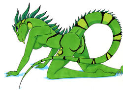 anthro blue_eyes breasts female green_body green_spikes lizard looking_at_viewer pussy scalie solo spikes tierafoxglove tongue