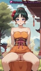 1girls ai_generated anime anime_style architecture ass_visible_through_thighs bangs bare_shoulders black_hair black_socks blue_eyes blunt_bangs blush breasts bust busty chinese_clothes chinese_girl clothes_lift cloud collarbone day dress earrings east_asian_architecture eyelashes feet_out_of_frame female female_focus female_only flower grass green_hair hair_bun hair_flower hair_ornament hentai jewelry kusuriya_no_hitorigoto looking_at_viewer maomao_(kusuriya_no_hitorigoto) medium_breasts mountain natsuyoru no_panties obi official_alternate_costume orange_dress outdoors parted_lips pussy red_flower red_rose rose sash see-through shawl short_hair single_hair_bun sitting sky socks solo solo_female spread_legs strapless strapless_dress tassel tassel_earrings tree uncensored voluptuous voluptuous_female