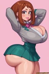 ai_generated blush brown_hair firstbouki huge_ass huge_breasts my_hero_academia ochako_uraraka tagme