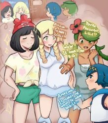 blonde_hair blue_hair blush bulge bulge_through_clothing cafe dialogue erection erection_under_clothes futa_on_female futanari green_eyes green_hair hand_on_another's_stomach lana_(pokemon) lillie_(pokemon) long_hair mallow_(pokemon) mochiko991 nintendo pokemon pokemon_sm pregnant ready_to_pop selene_(pokemon) short_girl short_hair tagme