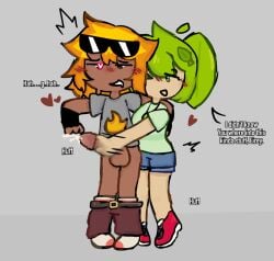 bad_anatomy battle_for_dream_island bfb bfdi confster consensual cumming cumming_while_masturbating fire_hair firey_(bfdi) from_behind from_behind_position gijinka green_hair handjob holding_penis leaf_hair leafy_(bfdi) masturbating_other no_pants object_shows orange_hair osc part_2 personification sunglasses_on_head yellow_hair