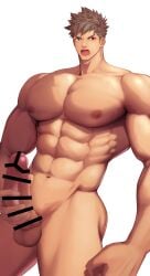 1boy balls bara bara_tiddies bara_tits beefy biceps big_balls big_breasts big_hands big_pecs big_penis blue_eyes brown_hair censor_bar censored censored_penis completely_nude curved_penis disproportional erection gay heterochromia hi_res holding_penis huge_cock hunk long_penis looking_at_viewer male male_breasts male_only manly mature_male meisho_hanten muscles muscular muscular_arms muscular_male no_body_hair open_mouth oppai original original_character pecs pink_underwear red_eyes shaved_crotch short_hair solo standing thick_arms thick_penis tough_guy v-shaped_eyebrows veiny_arms veiny_breasts veiny_muscles veiny_penis very_high_resolution white_background wide_shoulders yaoi