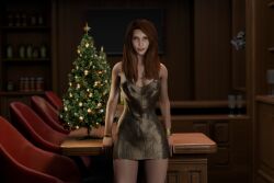 3d bar blender brown_hair christmas_tree enigmaj final_fantasy final_fantasy_vii final_fantasy_vii_remake gold_dress gold_jewelry hourglass_figure jessie_rasberry light-skinned_female looking_at_viewer