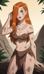 ai_generated ben_10 ben_10_ultimate_alien bigmic145 bone_necklace breasts cavewoman cleavage dirty female female_focus female_only ginger ginger_hair gwen_tennyson gwen_tennyson_(alien_force) gwen_tennyson_(ultimate_alien) hair_over_one_eye jurassic loincloth long_hair medium_breasts orange_hair ripped_clothing ripped_clothing single_bare_shoulder