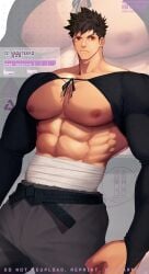 1boy abs arm_sleeves bara beefy belt biceps big_areola big_breasts big_hands black_hair disproportional gay hi_res hunk japanese_clothes looking_at_viewer male male_breasts male_only manly mature_male meisho_hanten muscles muscular muscular_arms muscular_male nagatekkou obi oppai original original_character pecs red_eyes sarashi short_hair six_pack solo standing text thick_arms tough_guy v-shaped_eyebrows very_high_resolution wide_shoulders yaoi